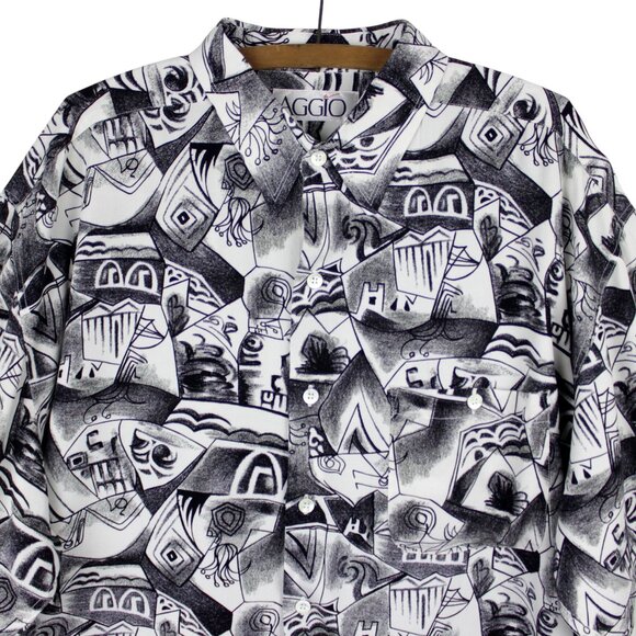 Vintage 90s Aggio Abstract Monochrome Sketch Print Button Down Shirt Size XL - Picture 3 of 10